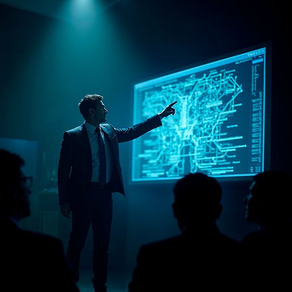 Sala de audiencias iluminada dramáticamente con perito señalando evidencia en pantalla, mostrando sorpresa y comprensión en los rostros del jurado