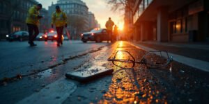 Peritos de Forentia 360 en el escenario de un accidente de trafico al amanecer. En primer plano ynas gafas graduadas y un telefono movil