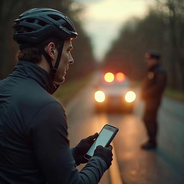 Un ciclista muestra a un agente de policia el incidente de furia al volante vivido hacía pocos minutos 